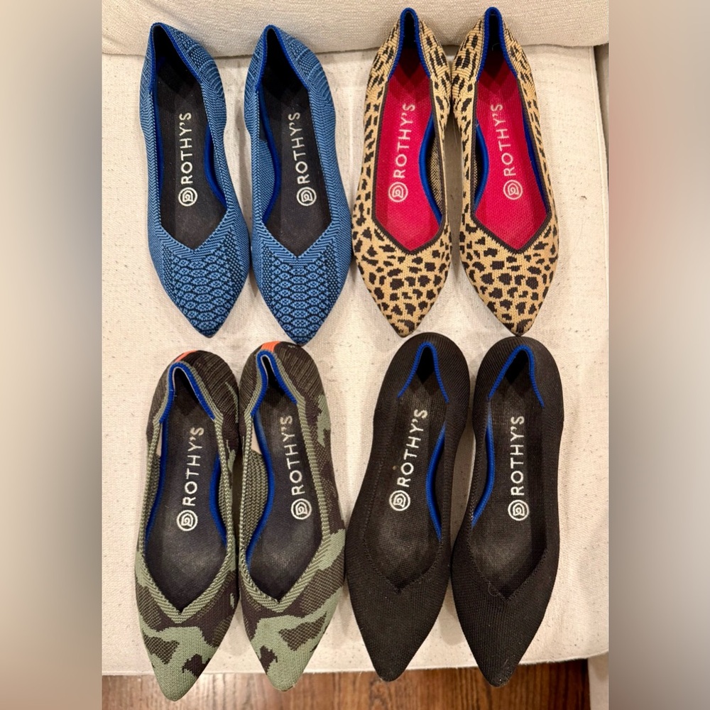 Set of 4 Rothy's Women's Flats - Blue, Leopard, Black, Green